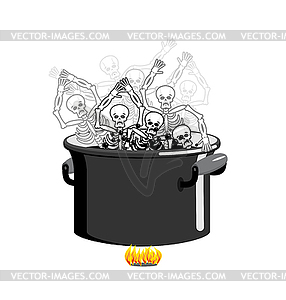 Sinners in cauldron in hell. Skeletons are cooked i - vector clip art