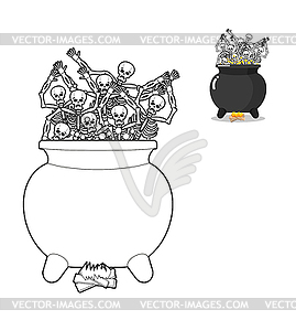 Sinners in cauldron in hell coloring book. Skeleton - vector clipart