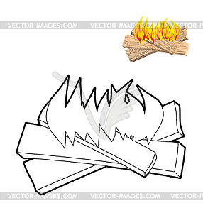 Camp Fire coloring book. Boards and flames in linea - vector image