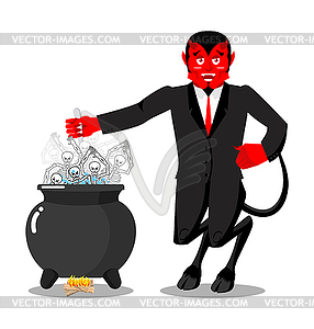 Satan roasts sinners boiler. Demon cooking Big blac - vector clipart