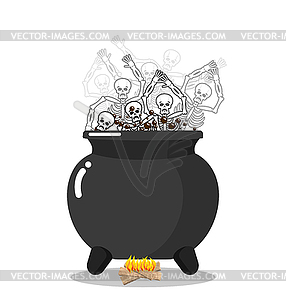 Sinners in cauldron in hell. Skeletons are cooked i - vector clipart