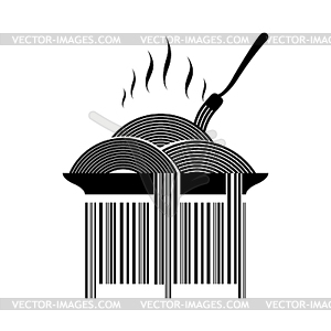 Barcode pasta. Dish with spaghetti and fork. Hot - vector clipart