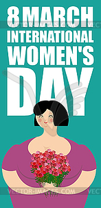 8 March. Cheerful woman and bouquet of red - vector clipart