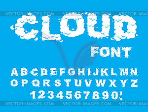 Cloud font. ABCs of white clouds in blue sky. - vector clip art