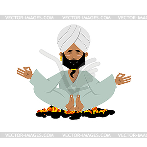 Yogi on coals. Indian yoga sitting on hot coals. - vector image