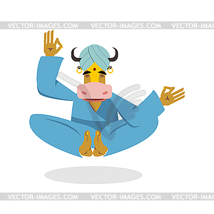 Cow yoga. Animal meditating. Cow in Indian turban - vector clipart