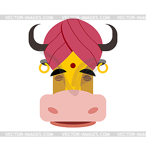 Indian sacred cow. Head yellow cow in turban - color vector clipart