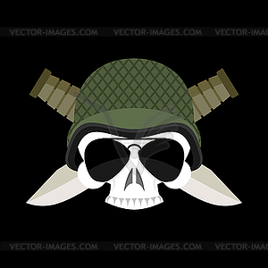 Skull in helmet military emblem. Army cap and knife - vector image