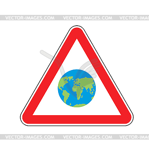 Земля предупреждающий знак красного цвета. внимание Планета опасности - цветной векторный клипарт