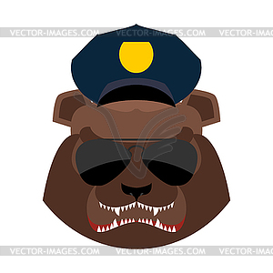 Angry bear in police cap. Aggressive Grizzly head. - vector image