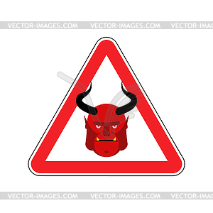 Satan Warning sign red. Demon Hazard attention - vector image
