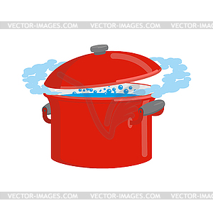 Red pan with water . Kitchen utensils for cooking - vector clipart