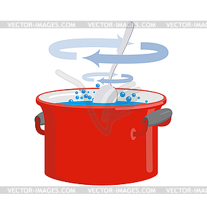 Red pan with water . Kitchen utensils for cooking - color vector clipart
