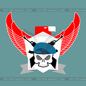 Military emblem Skull in beret. Wings and weapons. - vector image