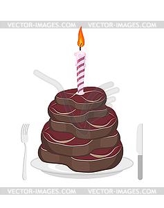 Meat cake. Steak and candle. Congratulations Happy - vector image