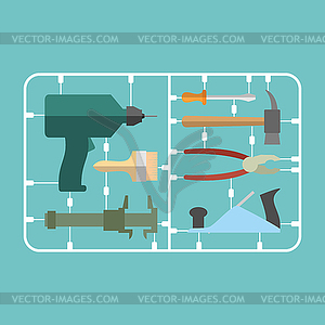 Tools Set. Plastic Model kit. Drill and hammer. - vector image