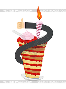 Birthday piece of cake. Hand thumb up. Great sweets - vector image