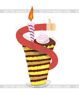 Birthday piece of cake. Hand thumb up. Great sweets - vector clipart / vector image