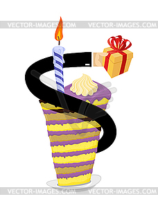 Birthday piece of cake and candle. Hand give gift. - vector image