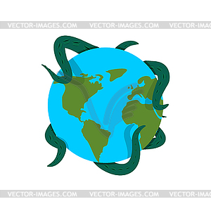 Earth in tentacles of monster. Cthulhu conquest of - vector clip art