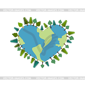 Earth heart. I love planet. Trees on ground. Forest - color vector clipart