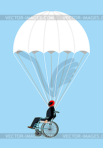 Disabled skydiver . Wheelchair on parachute on sky - color vector clipart