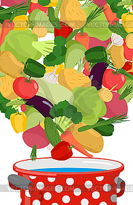 Vegetables in saucepan. Boil vegetable soup. - vector clipart