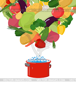 Vegetables in saucepan. Boil vegetable soup. - vector clipart