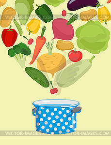 Vegetables in saucepan. Boil vegetable soup. - vector image