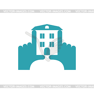 Hands and building construction logo. Pointing - vector image