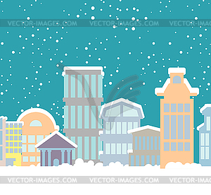 Winter Christmas City. Buildings in snow. Snowfall - vector clip art