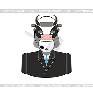 Farm call center. Cow with headset. Bull feedback - vector clip art