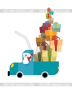 Santa truck. Car and Christmas gifts. Holiday - vector clipart