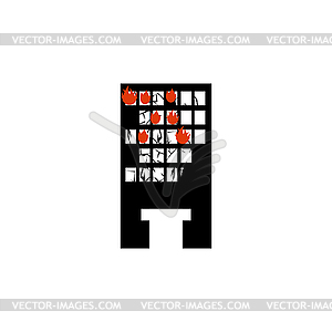 Burn building. Fire in facility. Arson home. - vector clipart