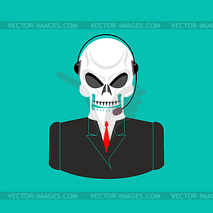 Death call center. Skull with headset. Skeleton - vector clip art