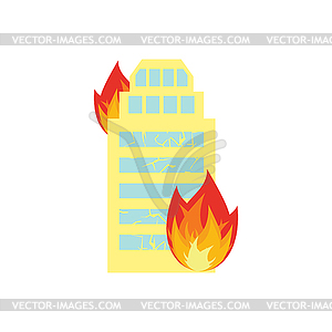 Fire in building. Flames of office windows. Arson - vector image