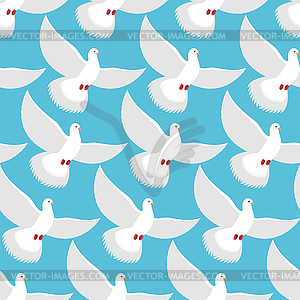 White Dove seamless pattern. Pigeons fly into blue - vector clip art