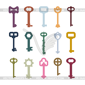 Old vintage keys set. Color clues of ancient - vector clipart