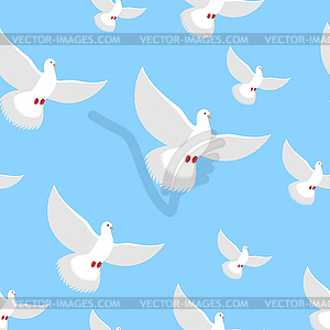 White Dove blue sky seamless pattern. Flying in - vector clip art