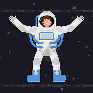 Happy astronaut in outer space. Good cheerful - vector clipart