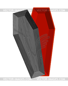 Black open coffin. Red interior of casket. Religiou - vector clipart