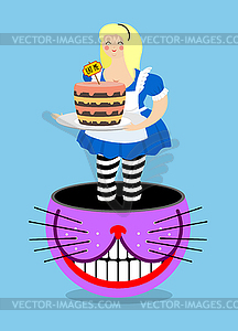 Alice in Wonderland and Cheshire Cat. Old fat - color vector clipart