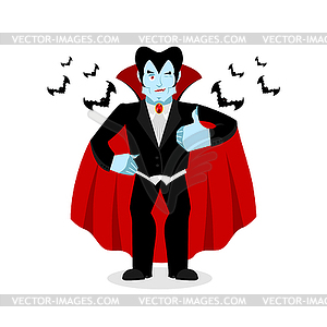 Dracula Thumbs up shows well. Vampire winks. Sign - vector clipart