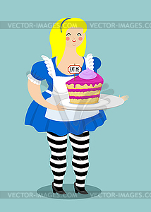 Alice in Wonderland. Cake eat me. Fat and old - color vector clipart