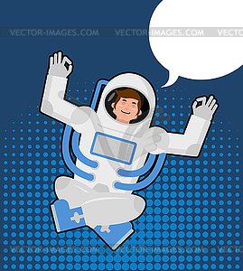 Astronaut meditates in pop art style. Bubble for - vector image