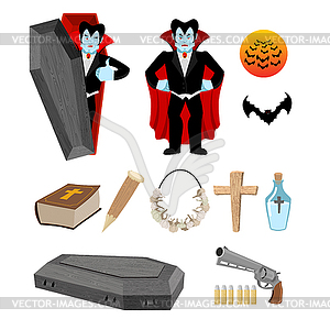 Dracula set. Vampire and bats. Weapon against - vector clip art