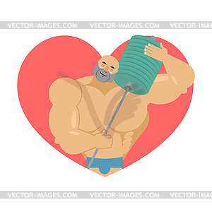 I love fitness. athlete hugs barbell. Bodybuilder - vector clipart