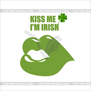 Green lips. Green kiss and clover, Shamrock. Kiss m - vector clip art