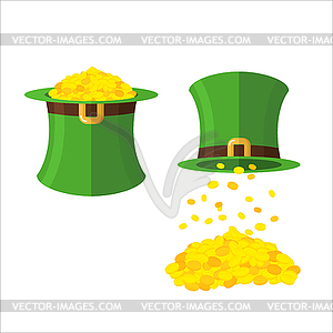 Hat and gold leprechaun set. Gold coins in hat top - vector clip art