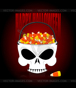 Happy halloween skull basket candy corn. Trick or - color vector clipart